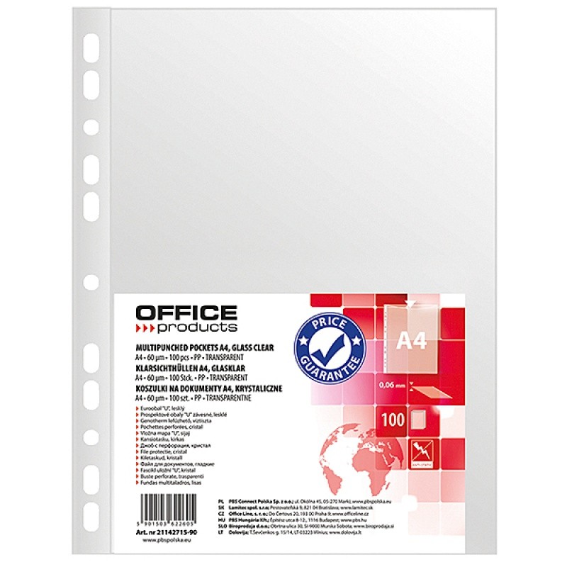 ფაილი 60 მიკრონი (100 ცალი) OFFICE PRODUCTS  A4 პრიალა ზედაპირით